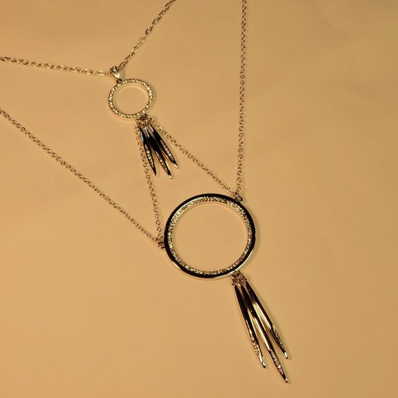 BCBGeneration Layered Circle Silver Necklace w/ rhinestones, Lobster claw clasp - Picture 5 of 9